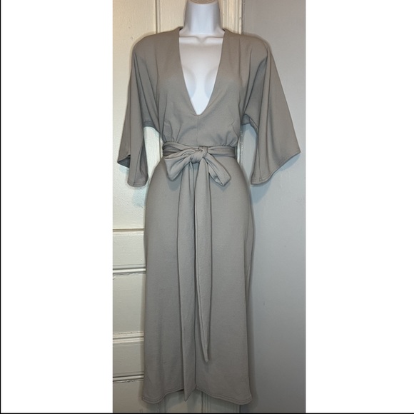 Ice Grey Kimono Sleeve Tie Waist Midi Dress - Picture 6 of 6